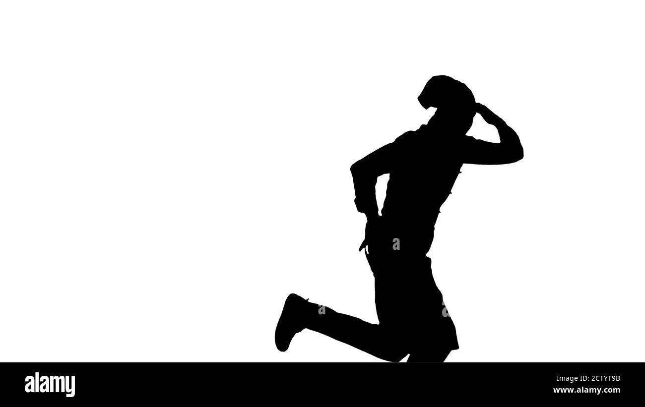 Silhouette cuoco maschile cuoco in rosso uniforme con pausa danzare a sp Foto Stock