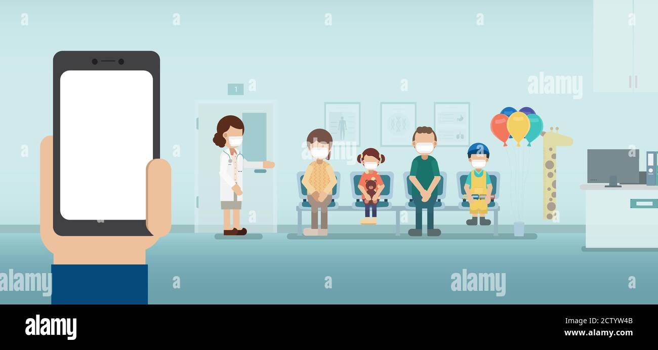 Telefono cellulare a schermo vuoto in clinica pediatrica flat design vettoriale illustrazione Illustrazione Vettoriale
