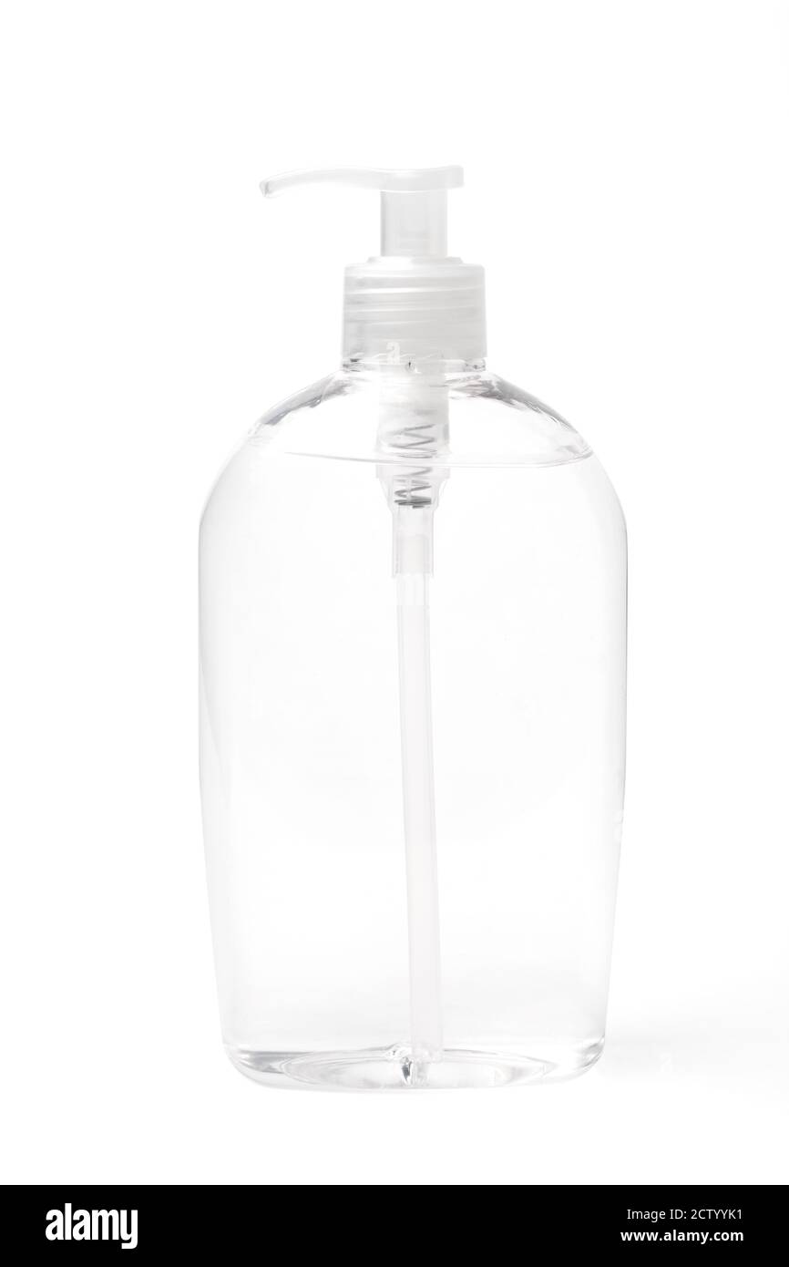 Flacone in plastica trasparente con disinfettante per prodotti cosmetici medicali trasparente isolato su bianco con percorso. Foto Stock