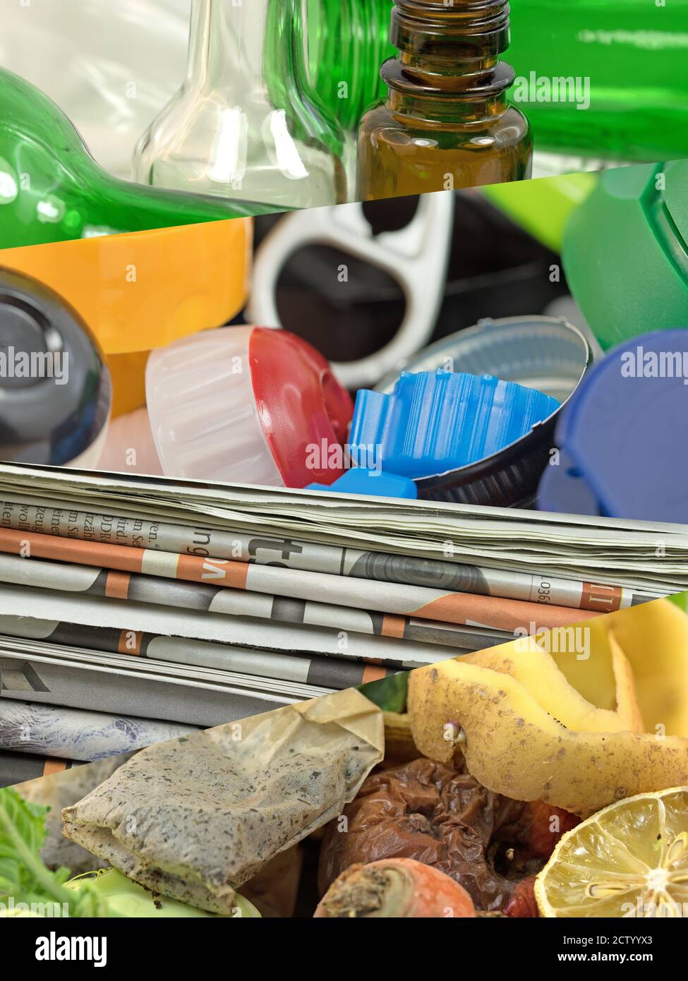 Rifiuti domestici, smistamento e riciclaggio, in collage Foto Stock