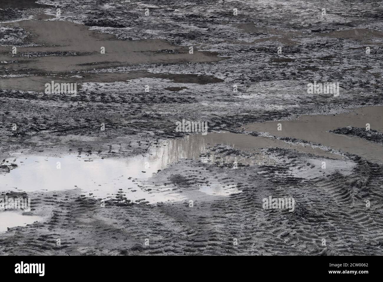Le fessure di argilla umida sono incrinate dalla pala caricatrice gommata Foto Stock