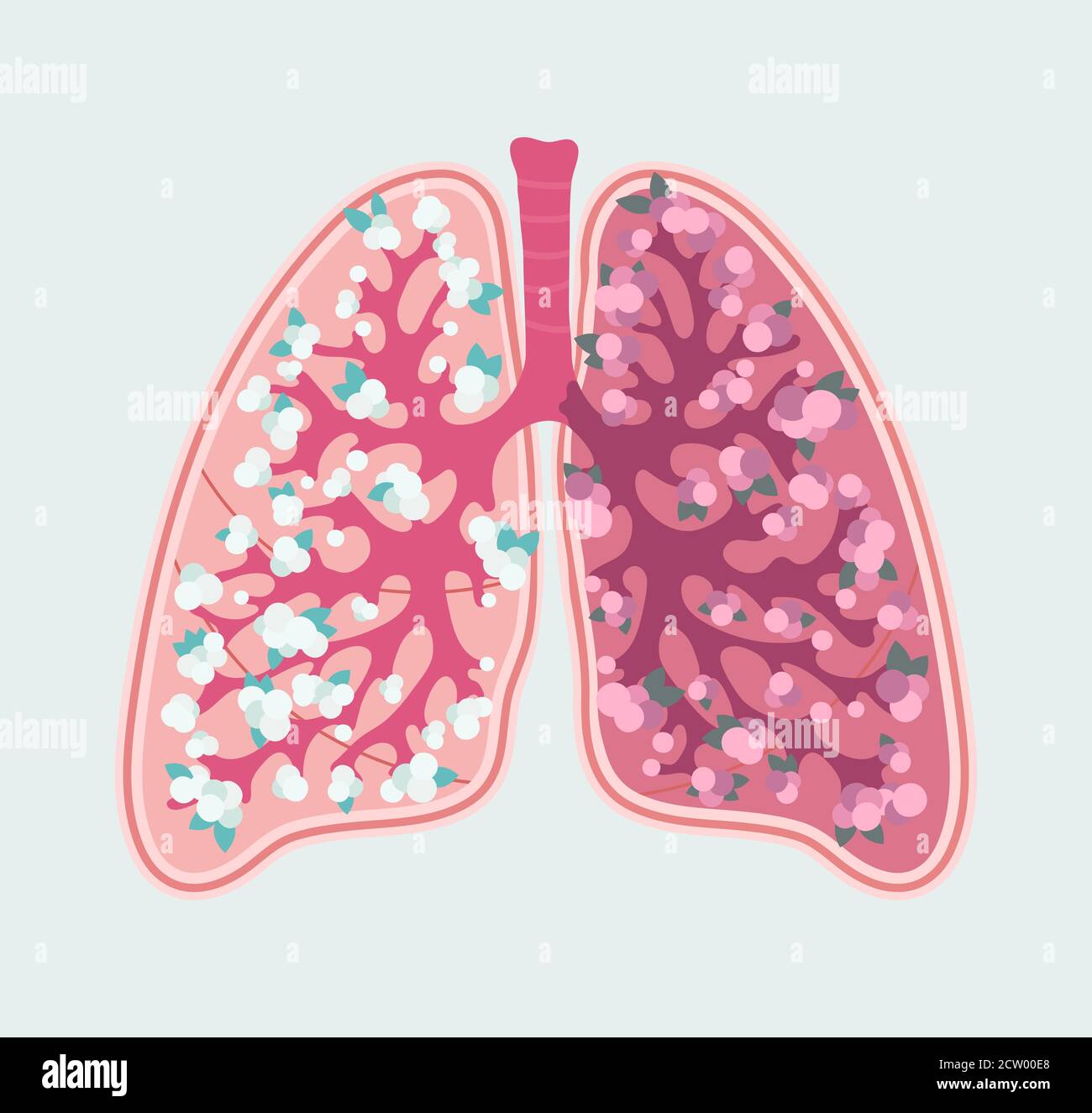 Schema floreale adatto al paziente di polmoni e alveoli umani sani. Sistema respiratorio - diagramma medico disegnato a mano Illustrazione Vettoriale