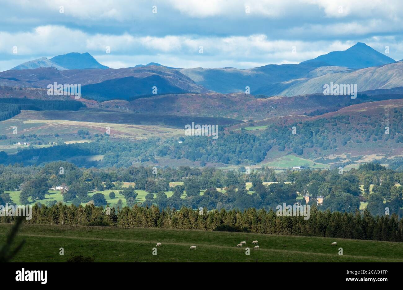 Vista da Kippen Muir verso ben Lomond (a sinistra) e Stob Binnein, Stirlingshire. Foto Stock