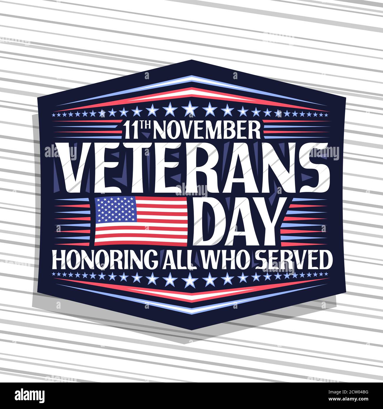 Logo vettoriale per il Veterans Day, badge decorativo scuro con illustrazione della bandiera nazionale a strisce rosse e blu degli Stati Uniti e scritta unica per le parole 11 ° Illustrazione Vettoriale