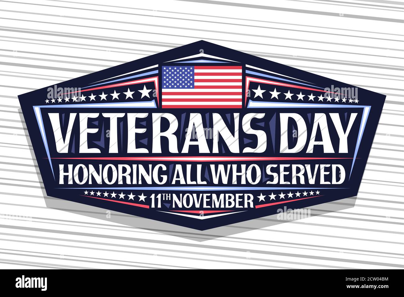 Logo vettoriale per Veterans Day, segno decorativo scuro con illustrazione della bandiera nazionale a strisce rosse e blu degli Stati Uniti e scritta unica per parole veter Illustrazione Vettoriale