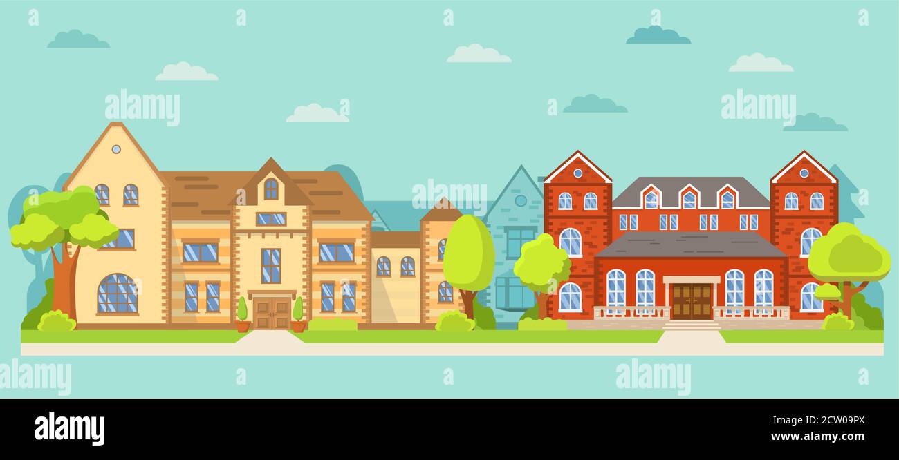 Fila di case diverse la strada. Classica casa suburbana americana. Illustrazione Vettoriale