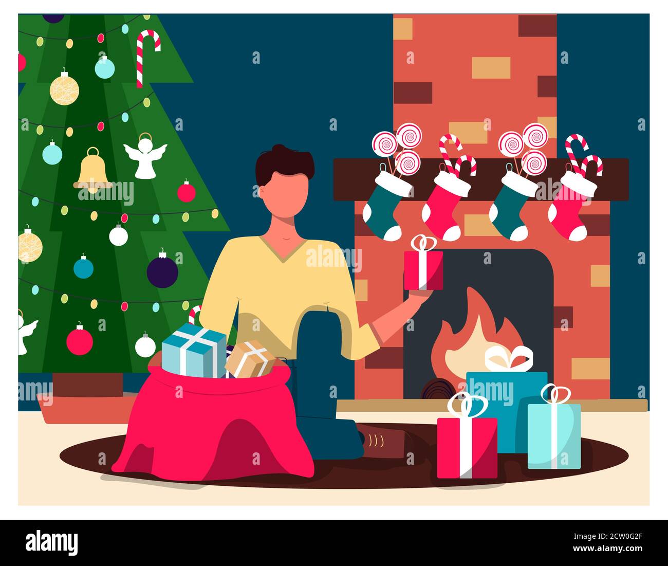 Un uomo sullo sfondo di un albero di Natale e un camino toglie i regali di Natale. Immagine piatta di una cartolina di Natale. Interni accoglienti con decorazioni natalizie. Caminetto con calze e caramelle per le vacanze. Un'illustrazione per un messaggio di saluto, un sito Web del nuovo anno, un'applicazione o un'illustrazione ad.Vector Illustrazione Vettoriale