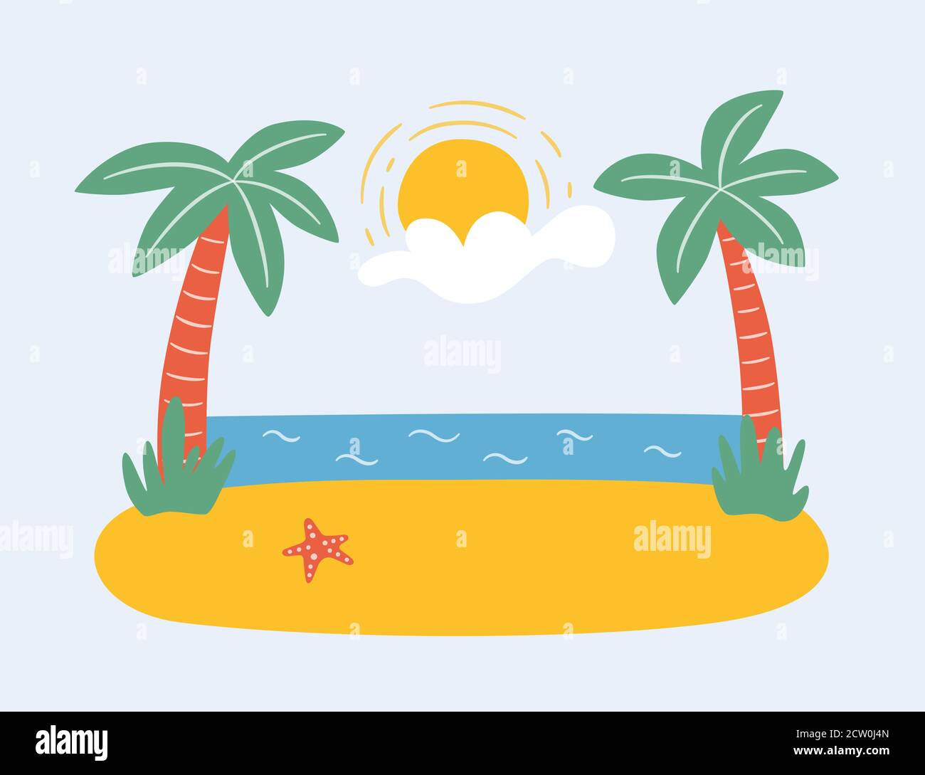 Palme sulla spiaggia vicino al mare. Paradiso estivo in tropici. Vettore disegnato a mano Illustrazione Vettoriale