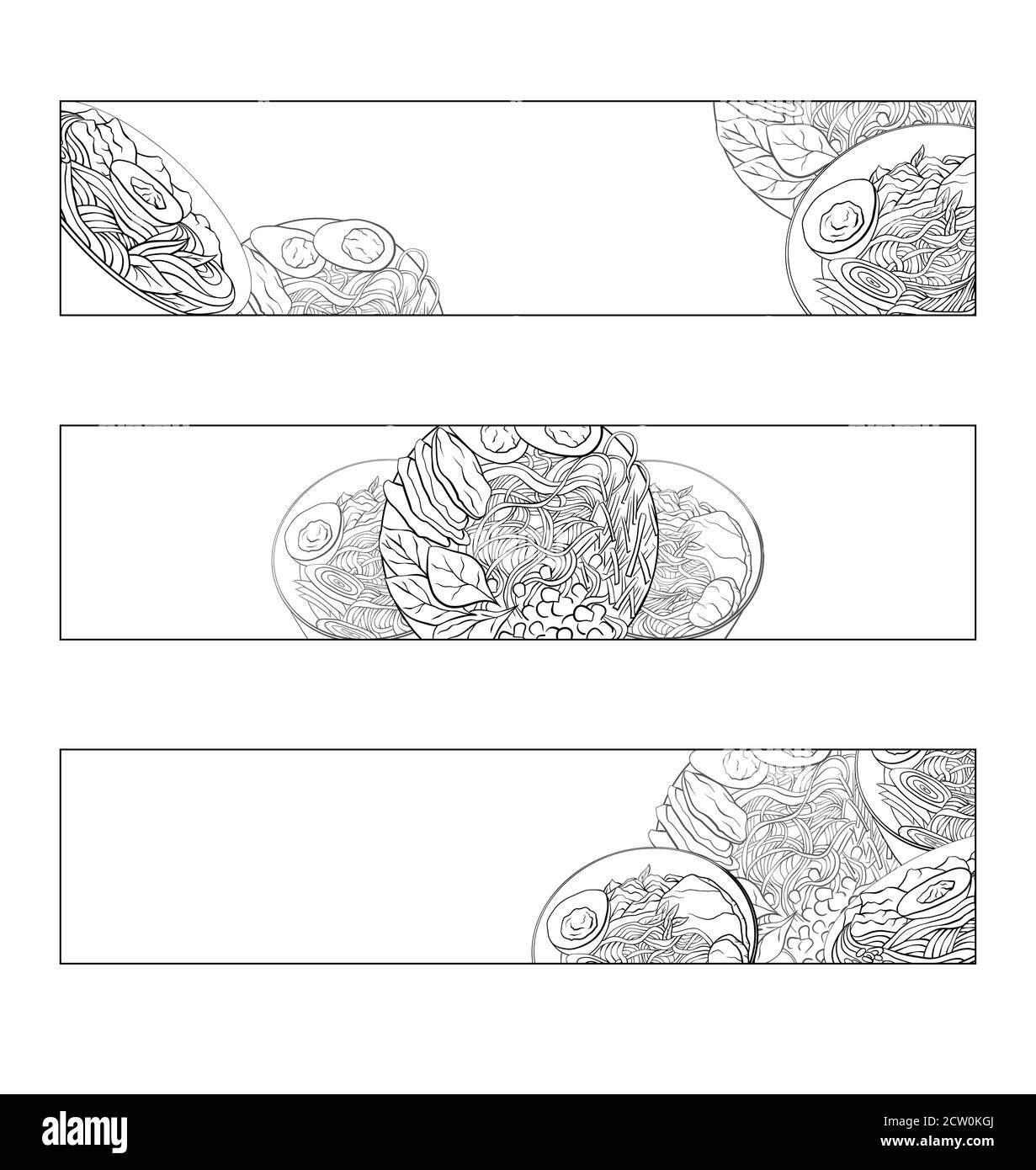 Serie di striscioni orizzontali con contorno cartoni animati in bianco e nero illustrazione di ramen in diverse angolazioni. Tagliatelle. Modello vettoriale per menu, siti, Illustrazione Vettoriale