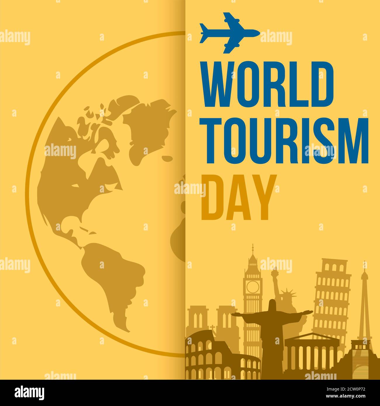 Illustrazione della giornata mondiale del turismo con l'atlante e famoso destinazioni turistiche Foto Stock