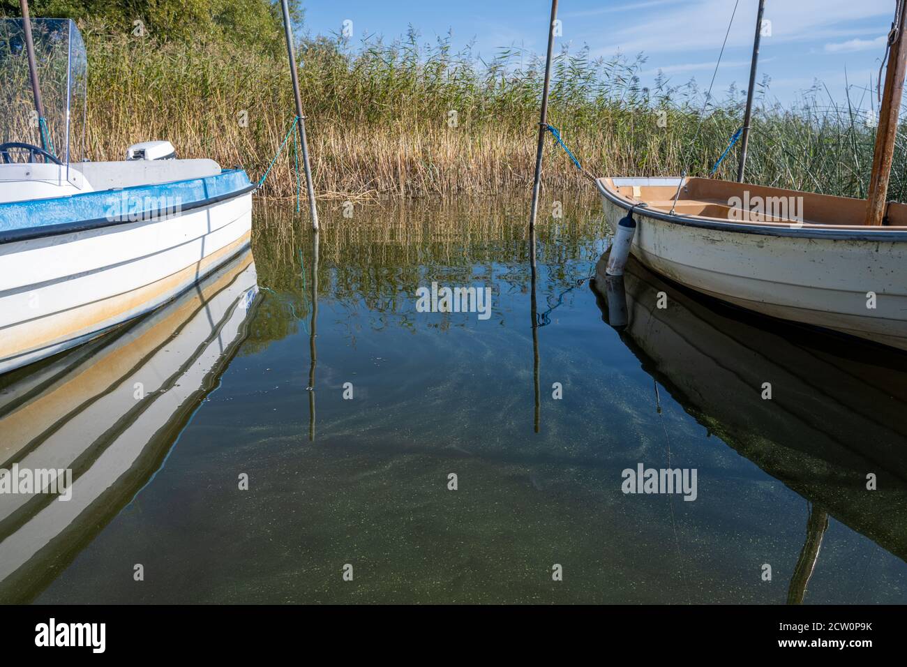 Riflessione in acqua verde tra due piccole imbarcazioni in un lago. Foto di Ringsjon, contea di Scania, Svezia Foto Stock