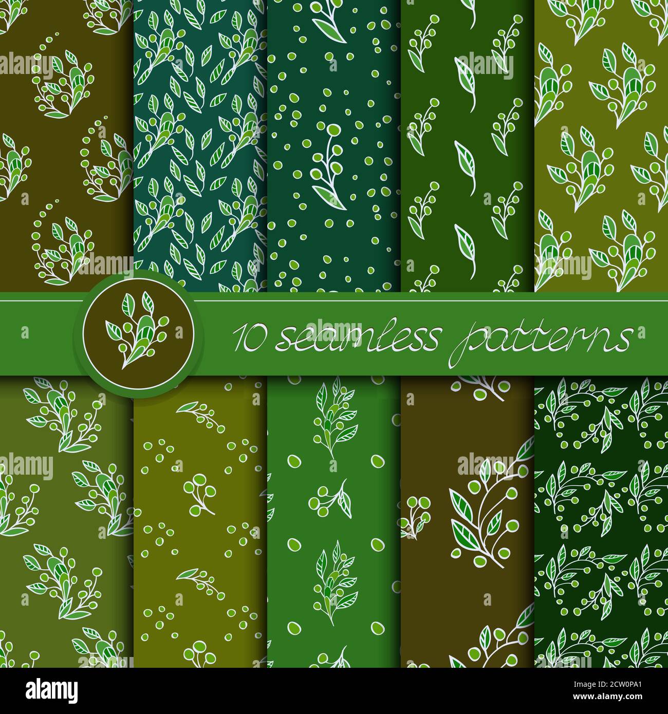 Serie vettoriale di motivi senza cuciture con elementi floreali. Collezione di motivi in verde e khaki. Illustrazione Vettoriale