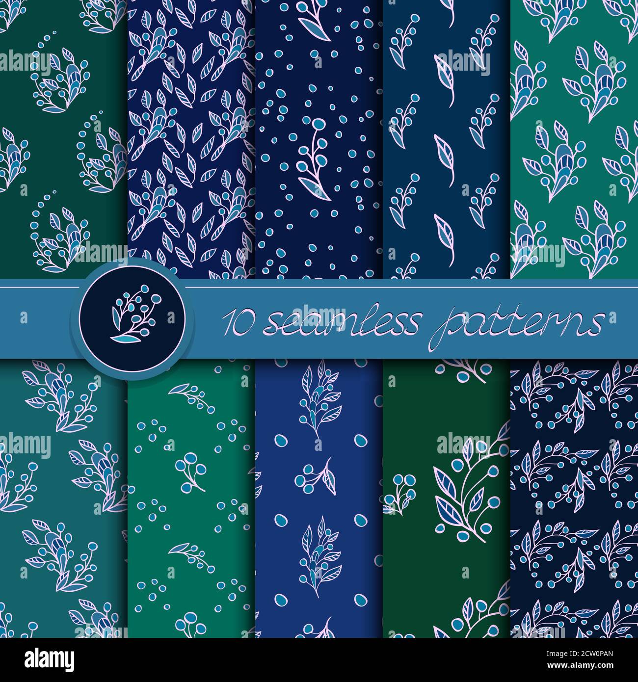 Serie vettoriale di motivi senza cuciture con elementi floreali. Raccolta di motivi in blu scuro e verde. Illustrazione Vettoriale
