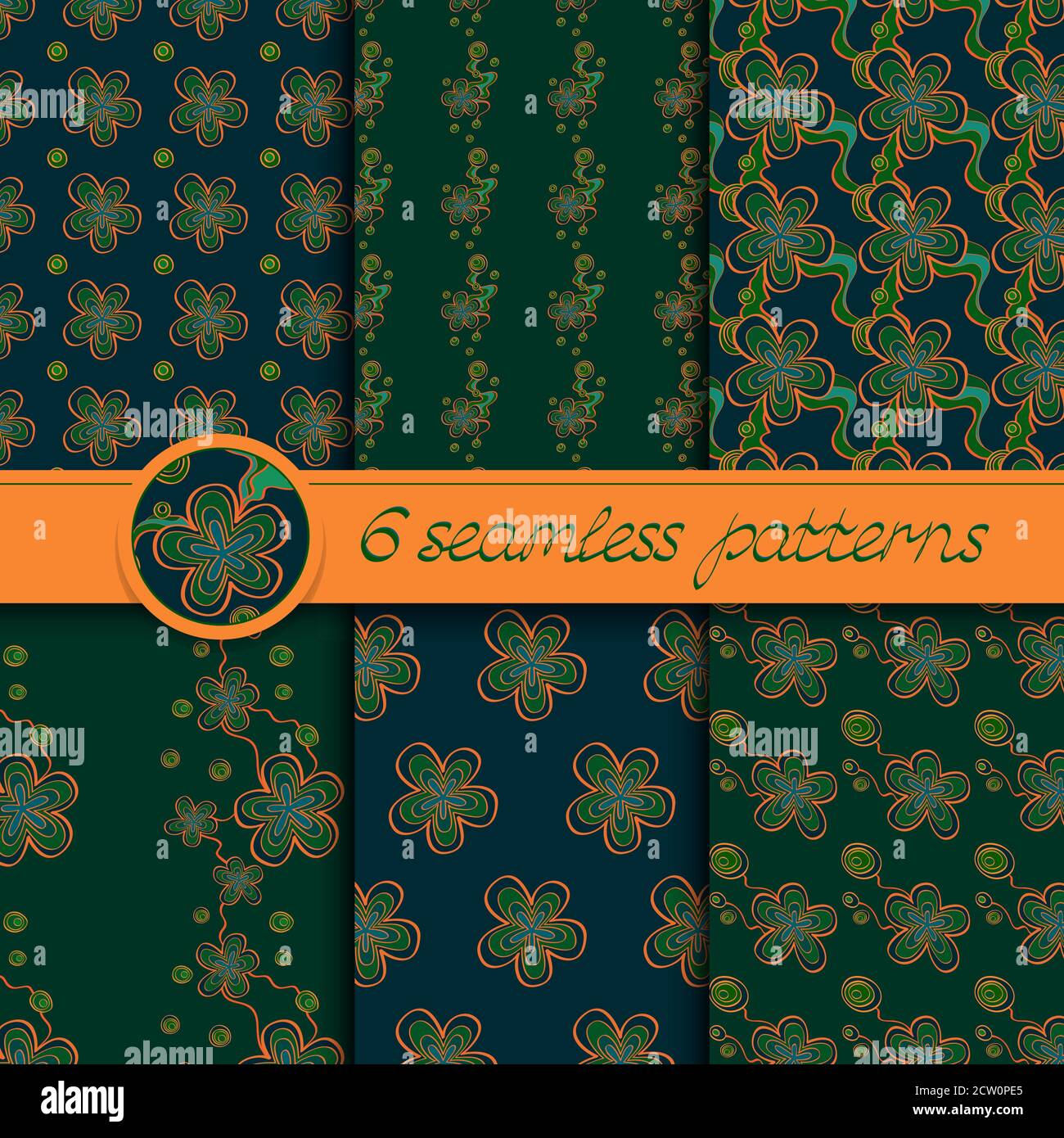 Serie vettoriale di motivi senza cuciture con elementi floreali. Raccolta di motivi in verde e arancione. Illustrazione Vettoriale