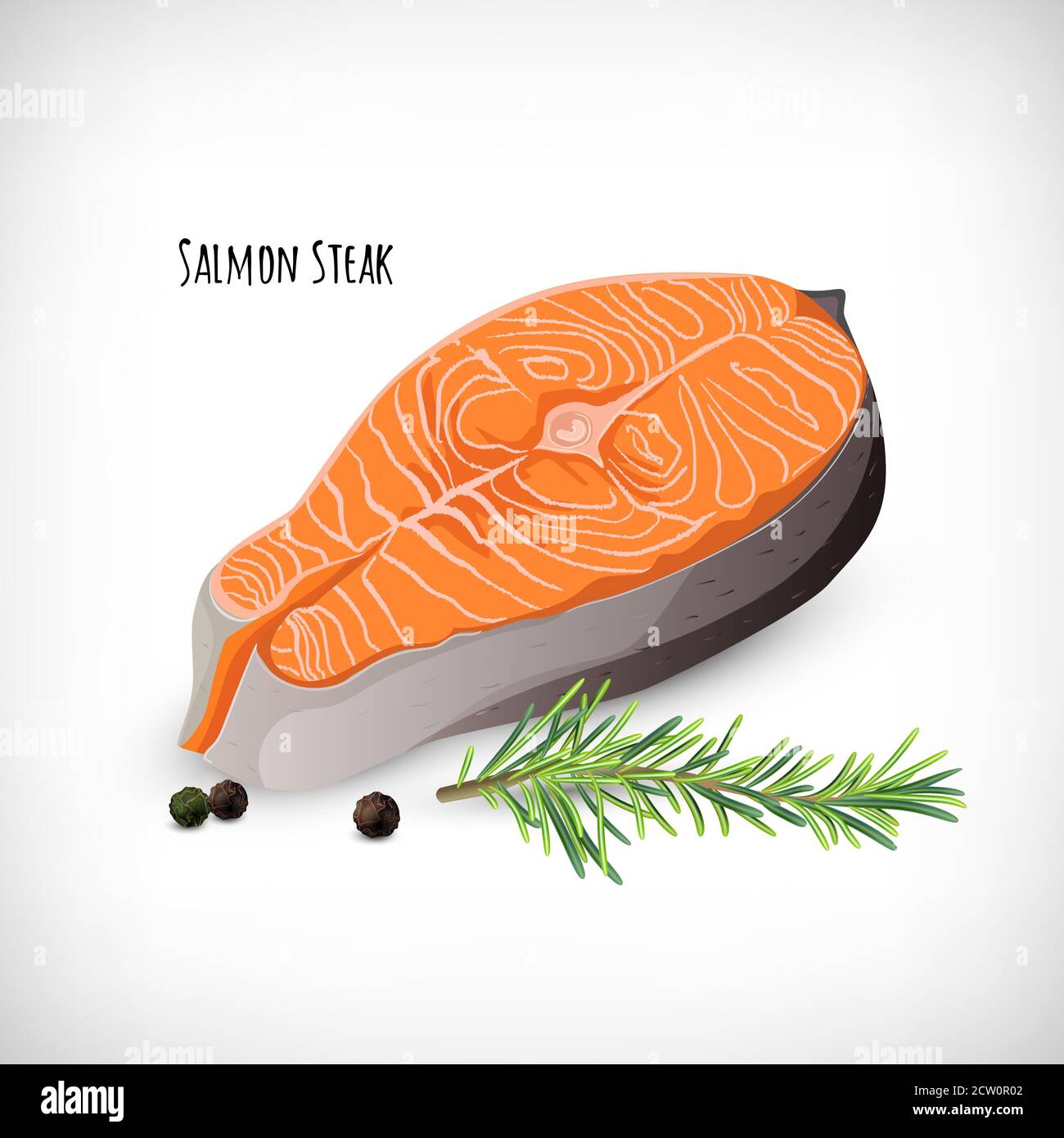 Bistecca di salmone in stile piatto, rametti di rosmarino, grani di pepe nero. Prodotto biologico di pesce ecologico. Bistecca di salmone con caratteri. Elementi per disegni culinari. Vettore Illustrazione Vettoriale