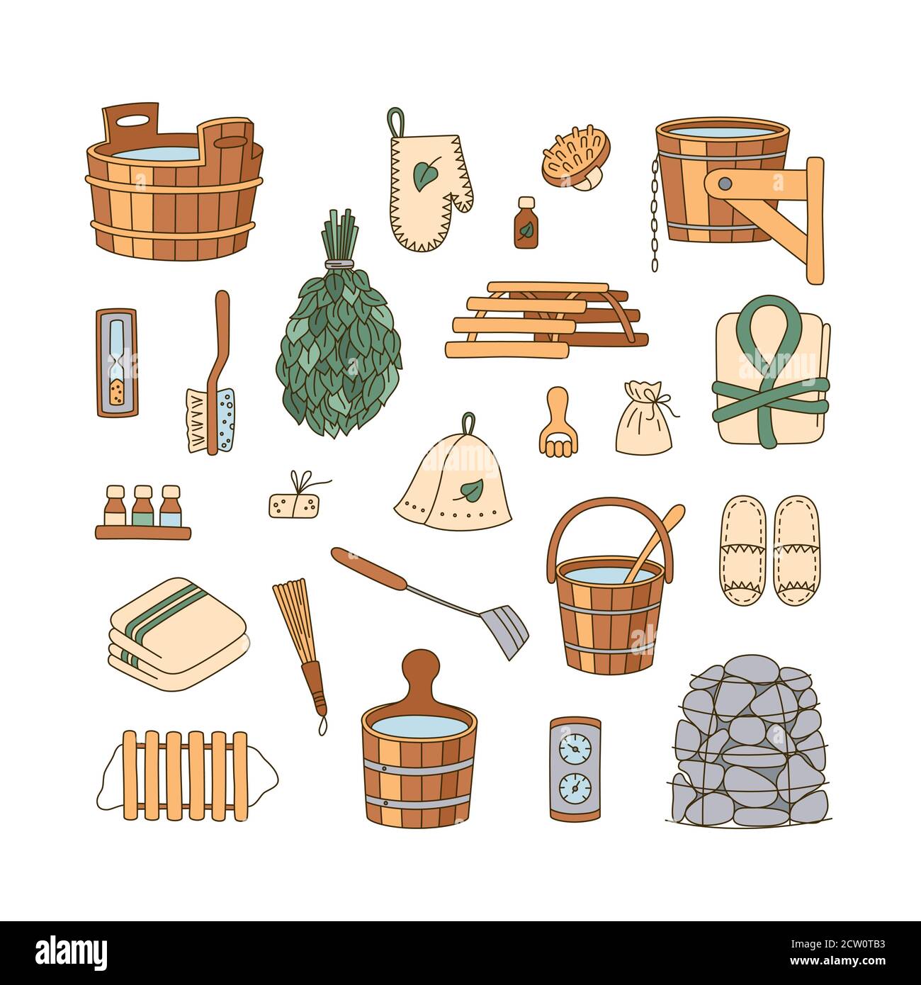 Accessori sauna - lavatrice, scopa, vasca, secchio, asciugamano e altro. Accessori bagno in legno. Illustrazione Vettoriale