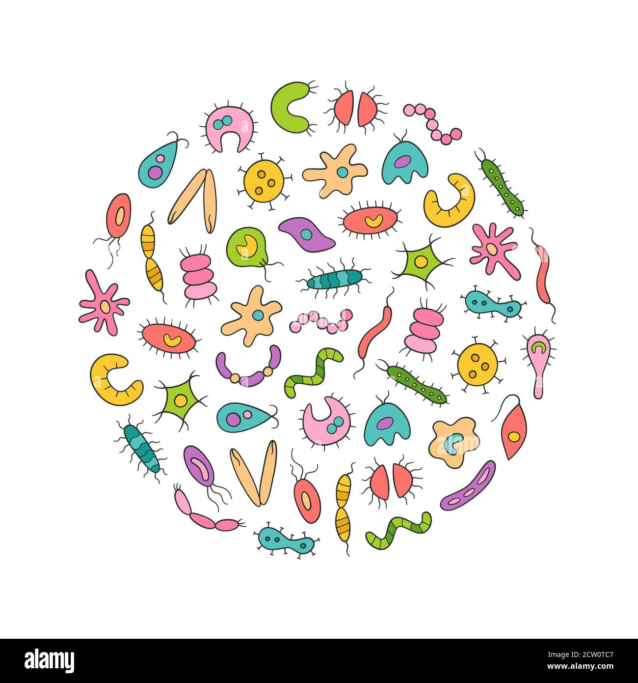 Set colorato di microbi, virus, batterie e icone patogeni. Raccolta di germi vettoriali astratti Illustrazione Vettoriale