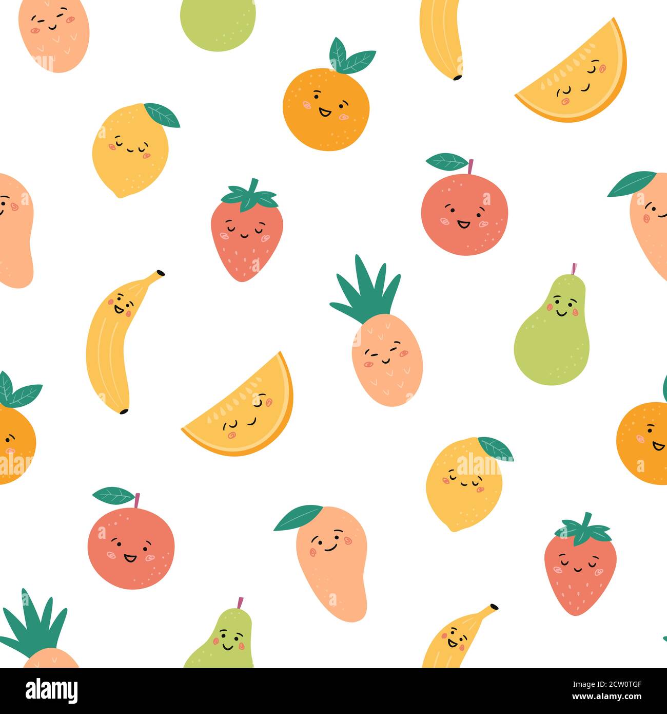 Motivo senza cuciture con frutti divertenti. Kawaii sorride i personaggi della frutta. Illustrazione Vettoriale