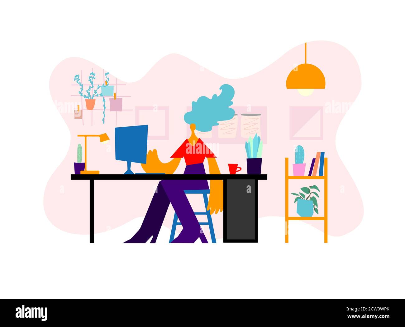Donna in stile piatto che lavora al tavolo usando il computer, il laptop nel posto di lavoro domestico. Concetto di donna freelance. Studentessa Illustrazione Vettoriale