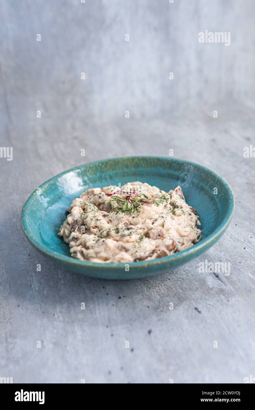 greco e mediterraneo cibo vegetariano funghi riso con formaggio e. la barbabietola germogliata sopra di esso con le verdure Foto Stock