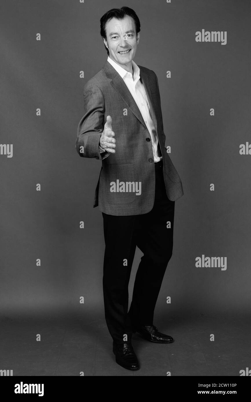 Bell'uomo d'affari maturo in abito su sfondo grigio Foto Stock