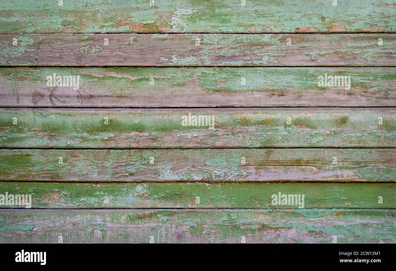 Tavole di legno verniciate di verde sfondo o struttura. Primo piano Foto Stock