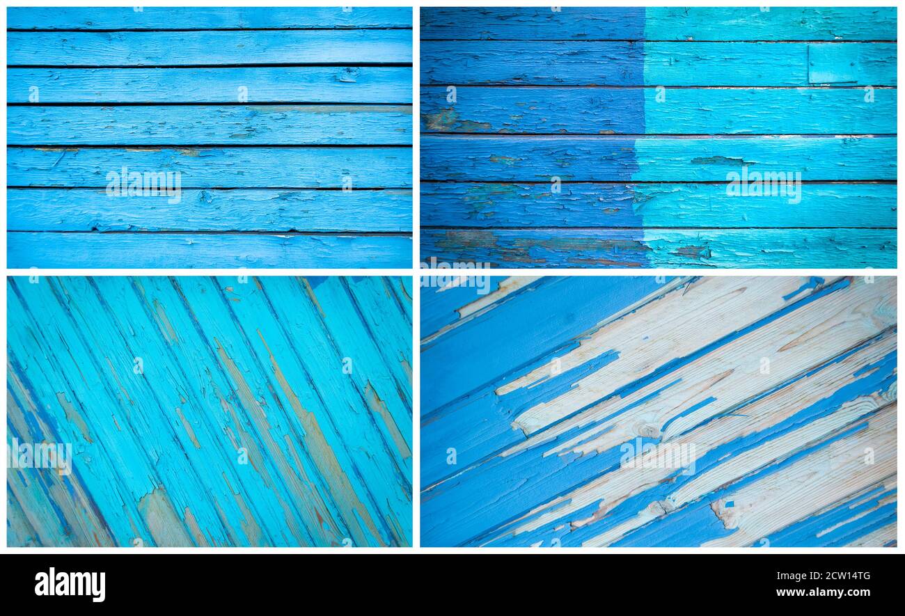 Set di diverse tavole di legno verniciate blu Foto Stock