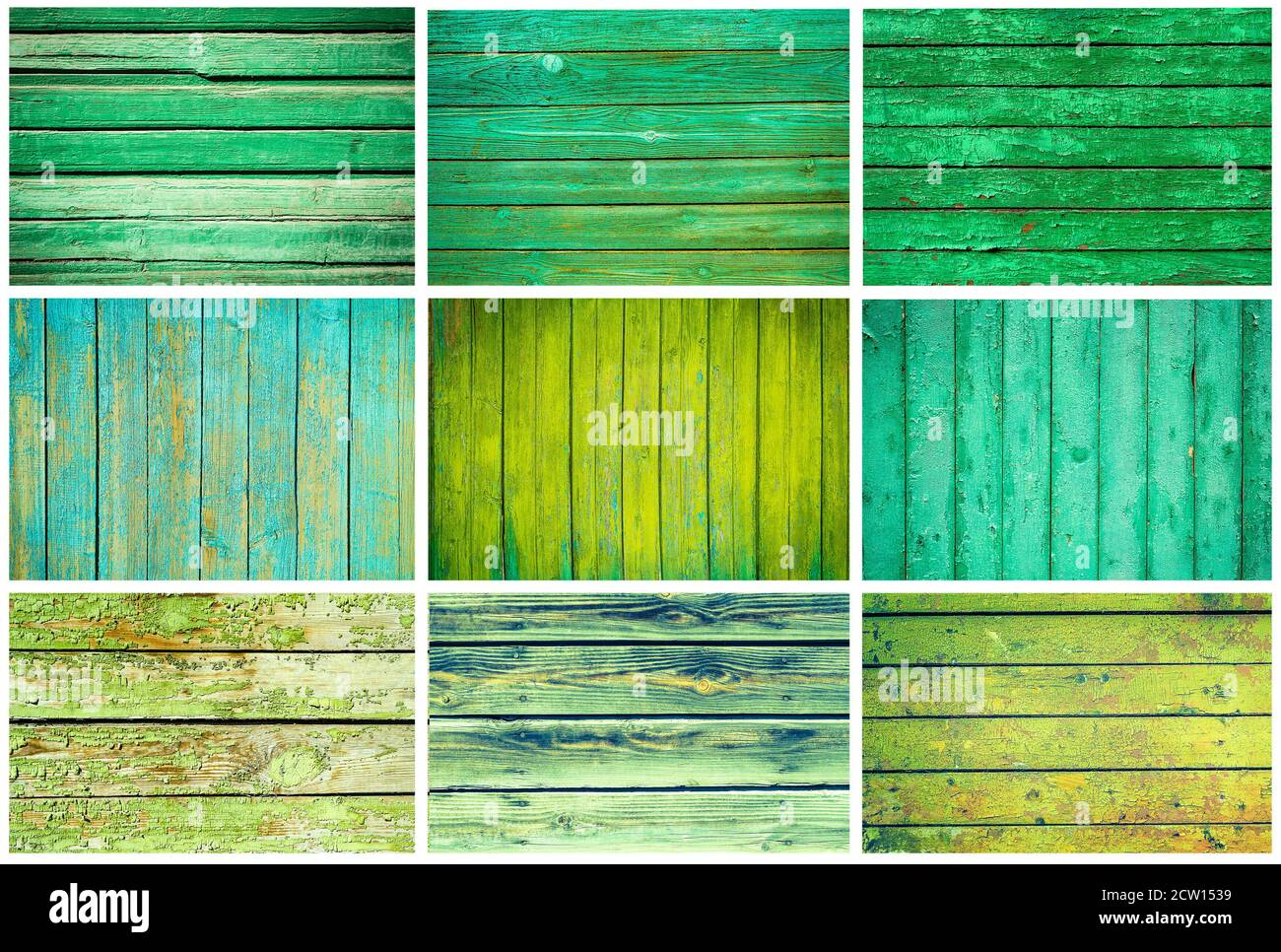 Set di diverse tavole di legno verniciate di verde Foto Stock