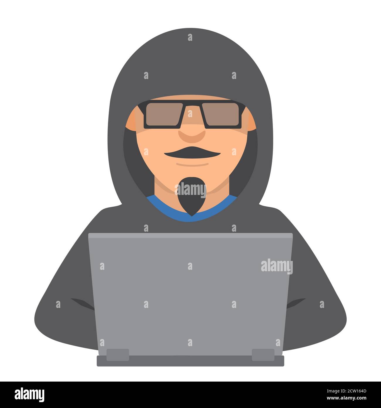 Computer hacker con laptop.Criminal ruba informazioni.Cartoon carattere è rubare da un Internet. Illustrazione Vettoriale
