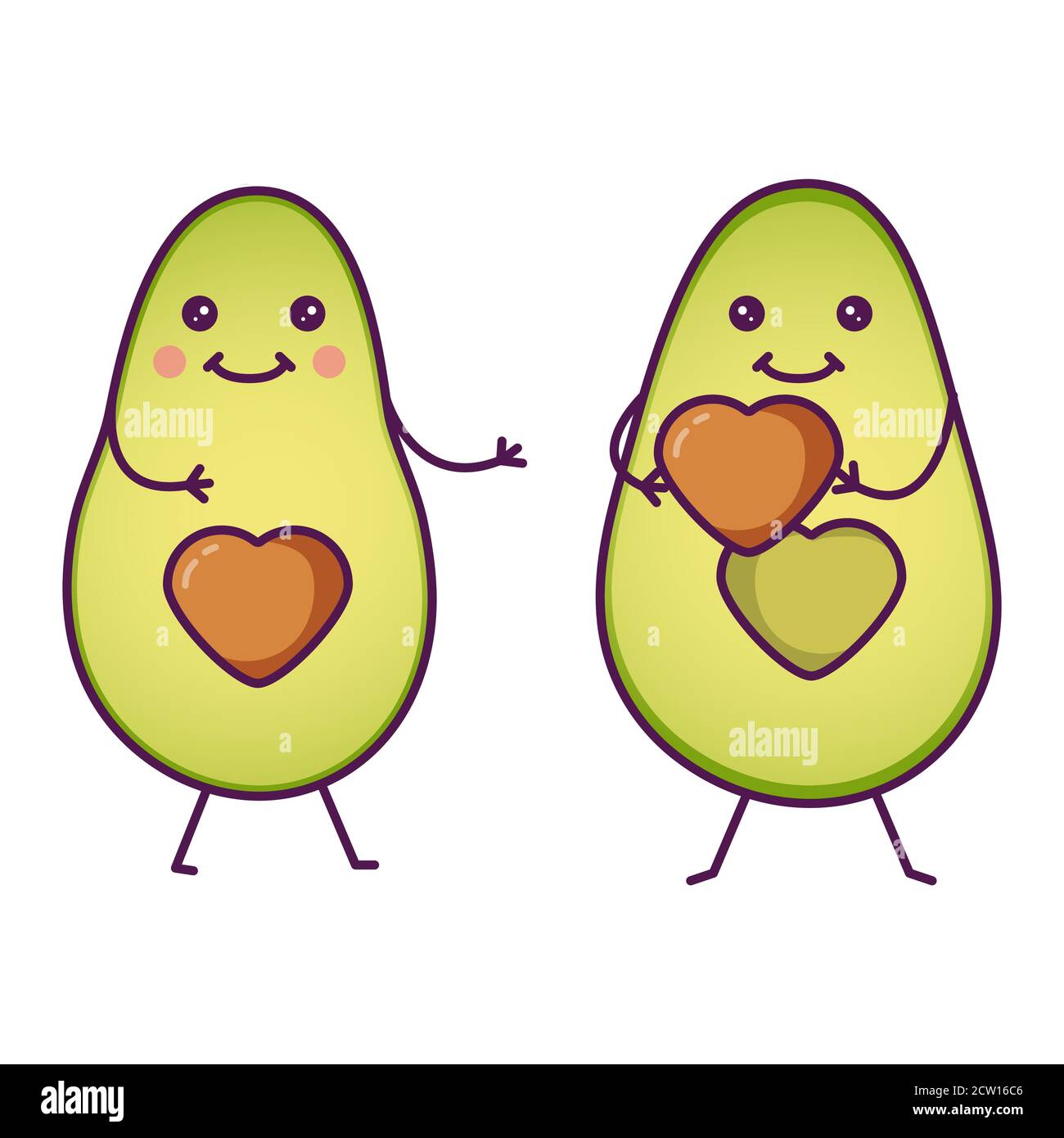 Carino cartoon avocado personaggi dare un cuore. Concetto romantico. Illustrazione Vettoriale