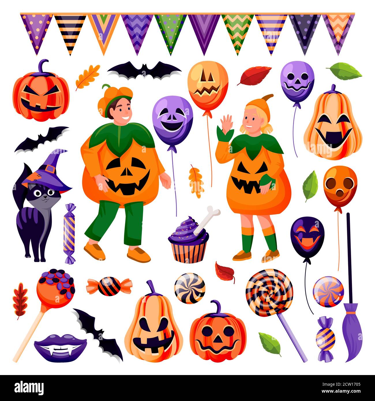 Halloween decorazione elementi di design collezione. Palloncini di vacanza con faccia grinning, caramella, gatto nero, icone pipistrelli. Bambini in divertenti costumi di zucche Illustrazione Vettoriale