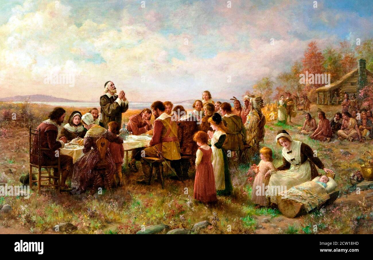 Il primo Ringraziamento a Plymouth di Jennie Augusta Brownscombe, 1914. L'evento seguì l'atterraggio dei Padri Pellegrini in America nel 1620 Foto Stock