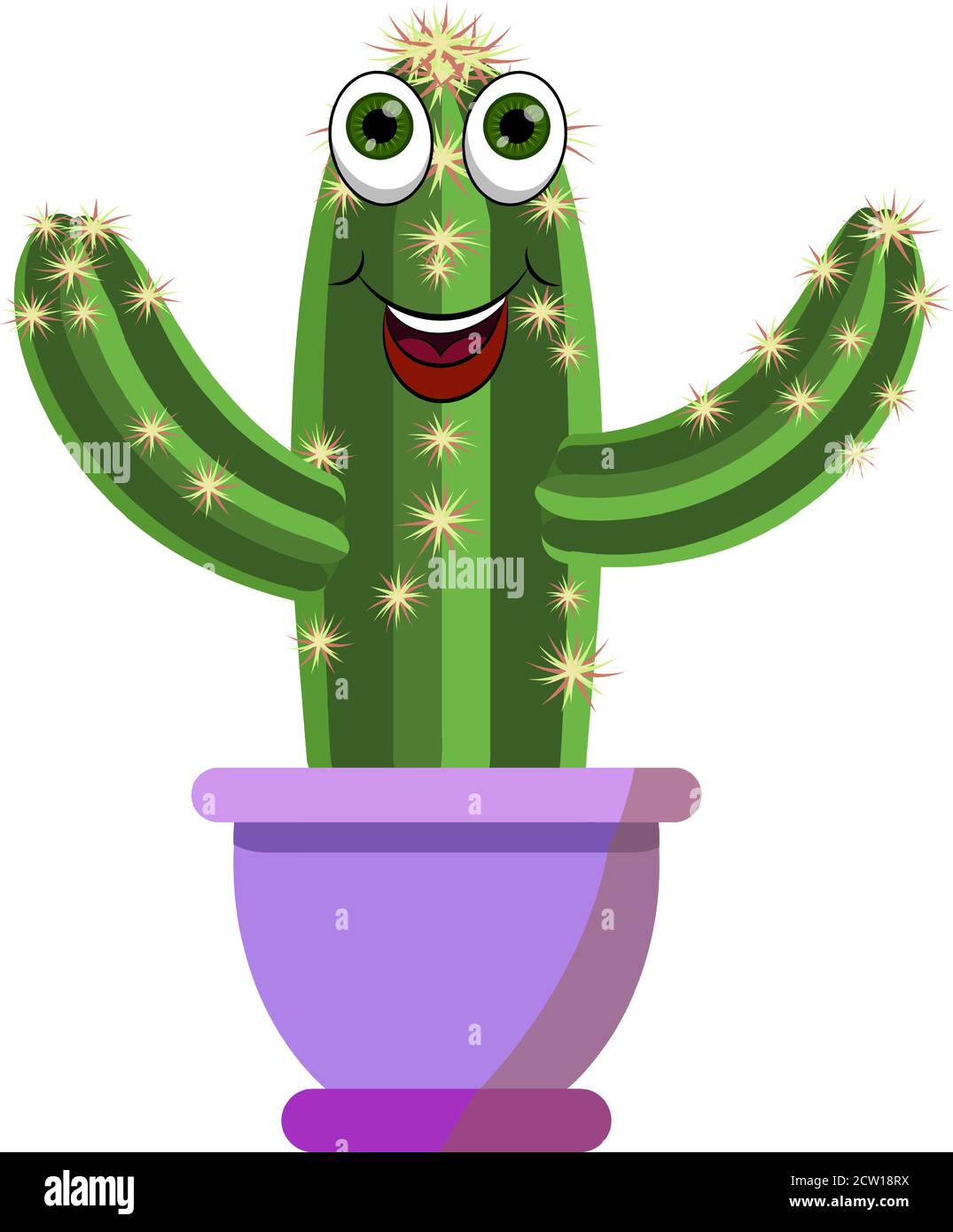 Fanny cartoon verde cactus pianta vettore illustrazione con occhi e sorriso cartoon bocca in un vaso di fiori viola. Cactus con i suoi rami ai lati Illustrazione Vettoriale