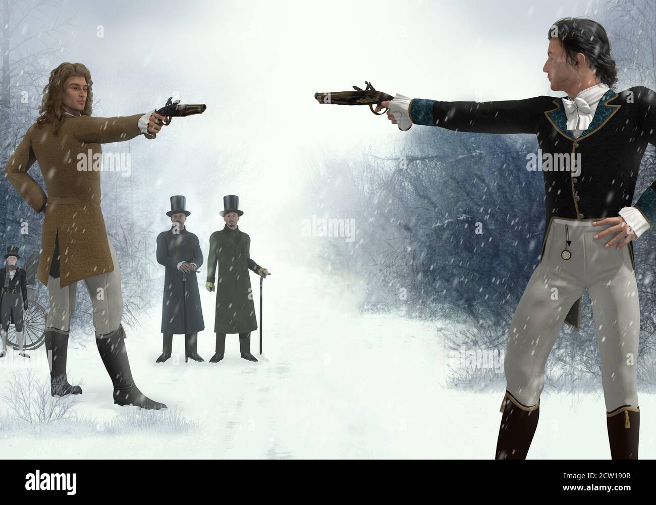 Due uomini vittoriani si affrontano in un duello con pistole flintlock, in un arido paesaggio invernale, rendering 3d. Foto Stock