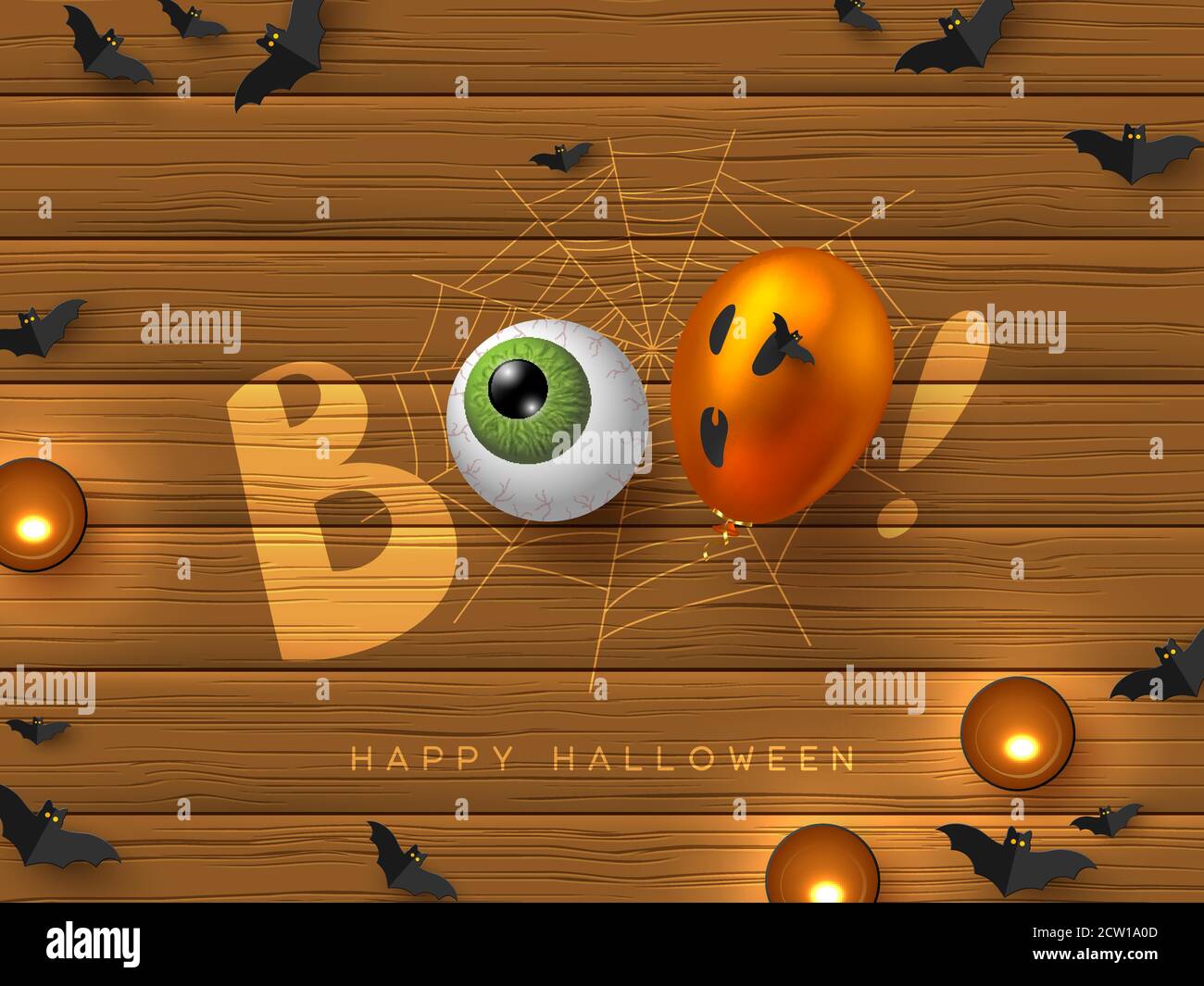 Buon banner di Halloween con testo Boo. Illustrazione Vettoriale