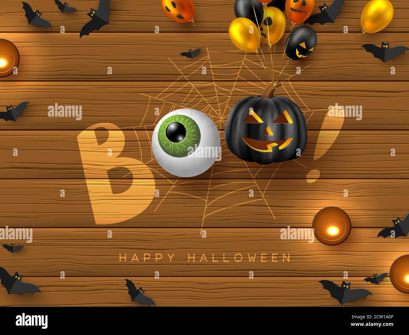 Buon banner di Halloween con testo Boo. Illustrazione Vettoriale