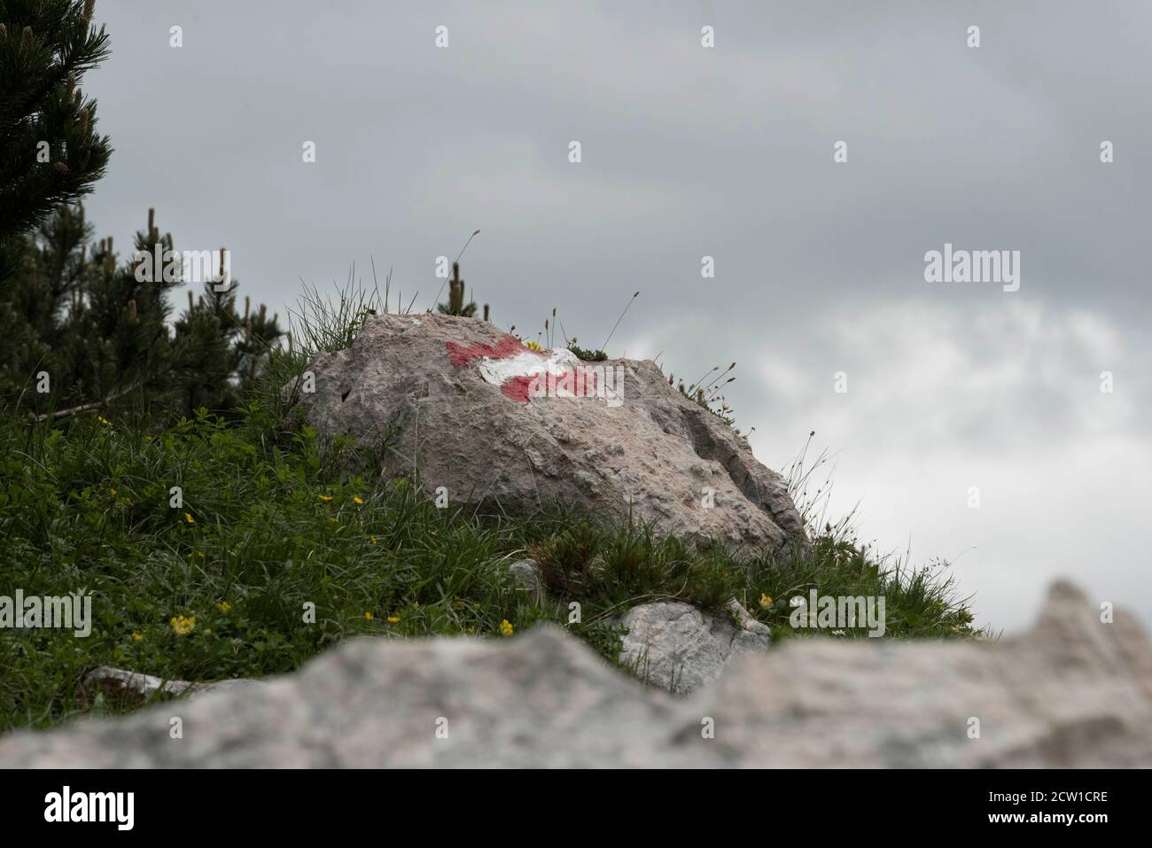 rosso bianco rosso sentiero escursionistico segnando nelle montagne di le alpi Foto Stock