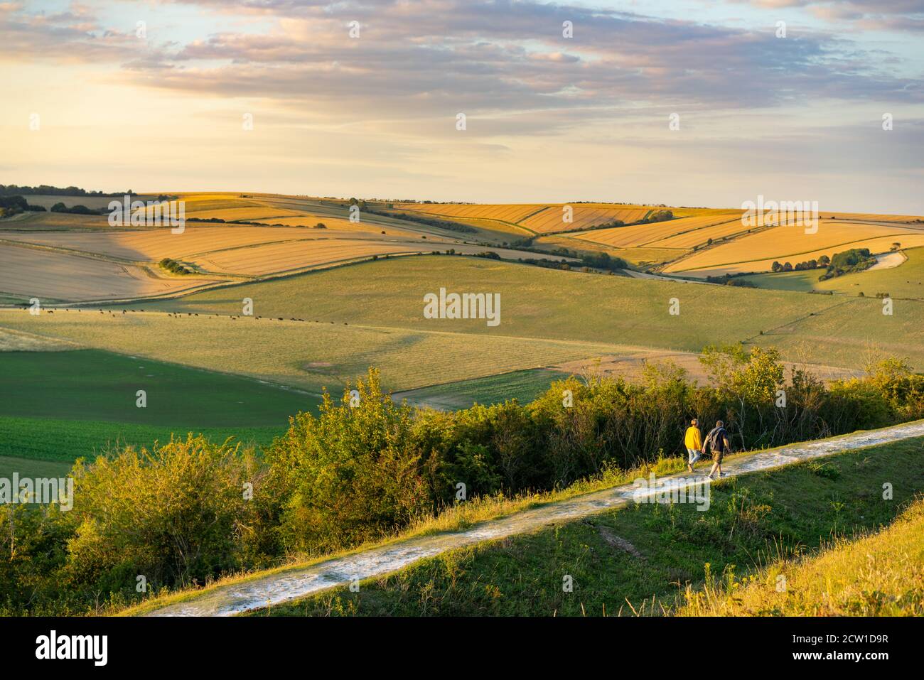 La gente cammina lungo un sentiero di gesso guardando la vista dal Cissbury Ring nel Sussex occidentale, Inghilterra in una serata estiva Foto Stock