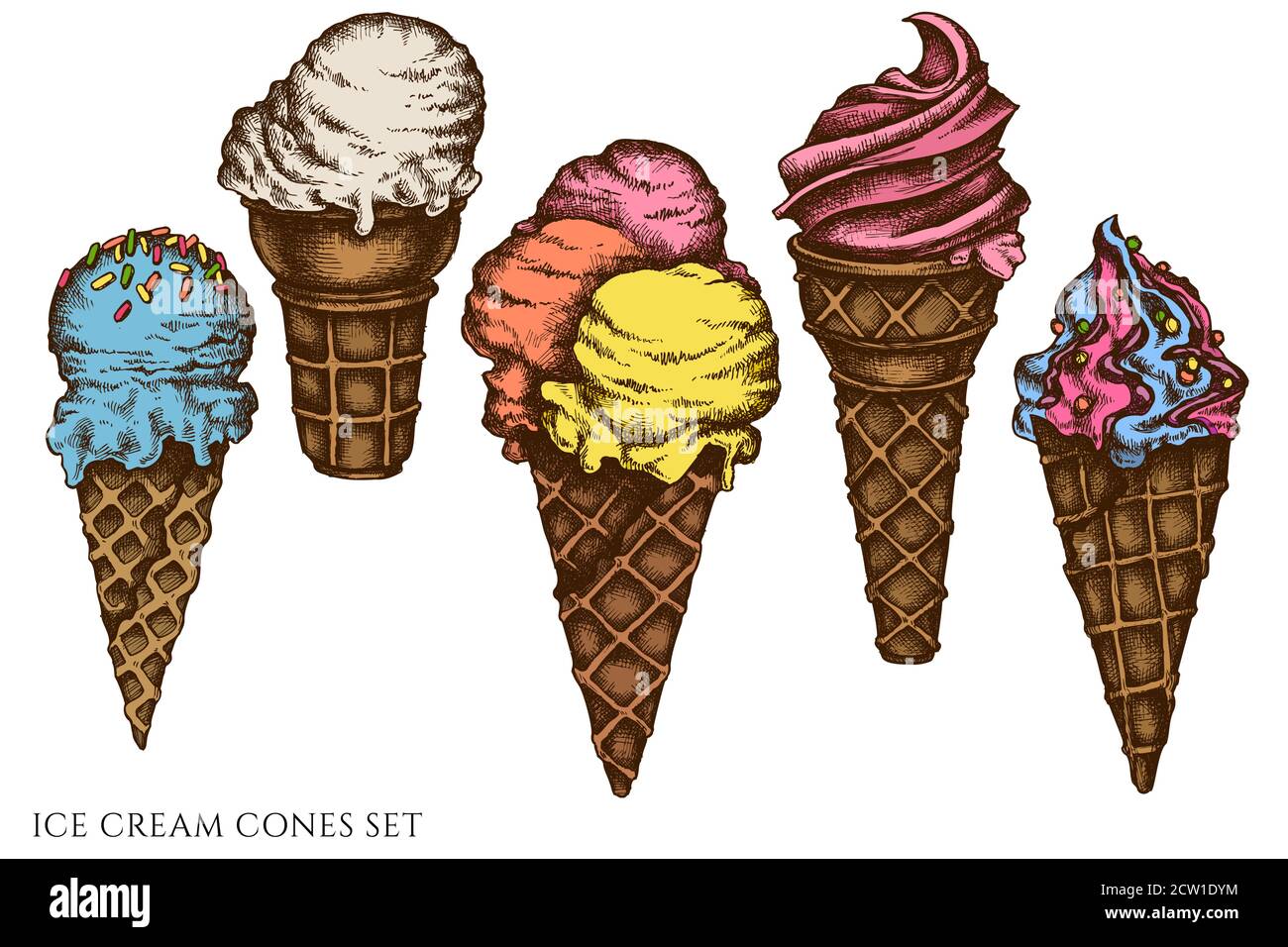 Set vettoriale di coni di gelato colorati disegnati a mano Illustrazione Vettoriale