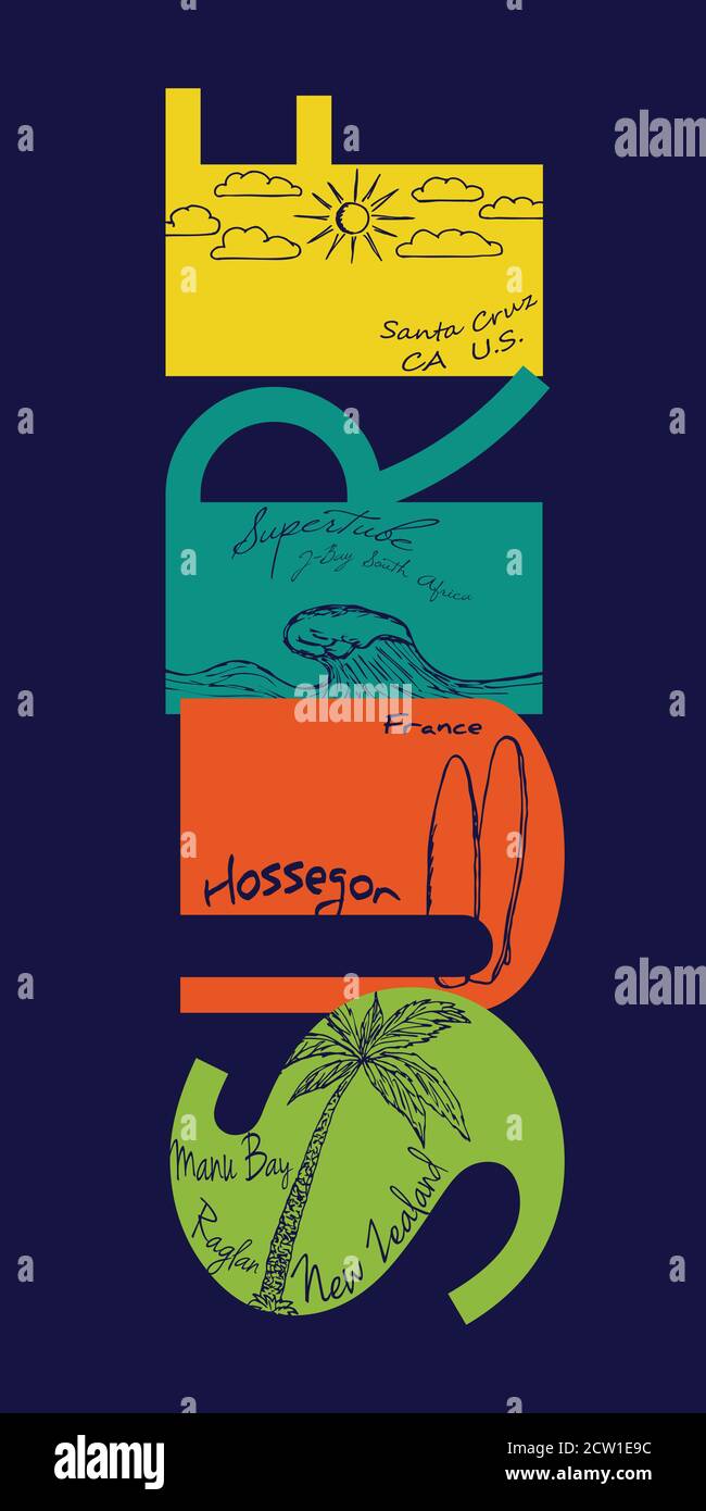 Surf tipografia con disegno sloppy del sole, onda, tavole da surf e palma per t-shirt surfer. Disegno grafico vettoriale Illustrazione Vettoriale