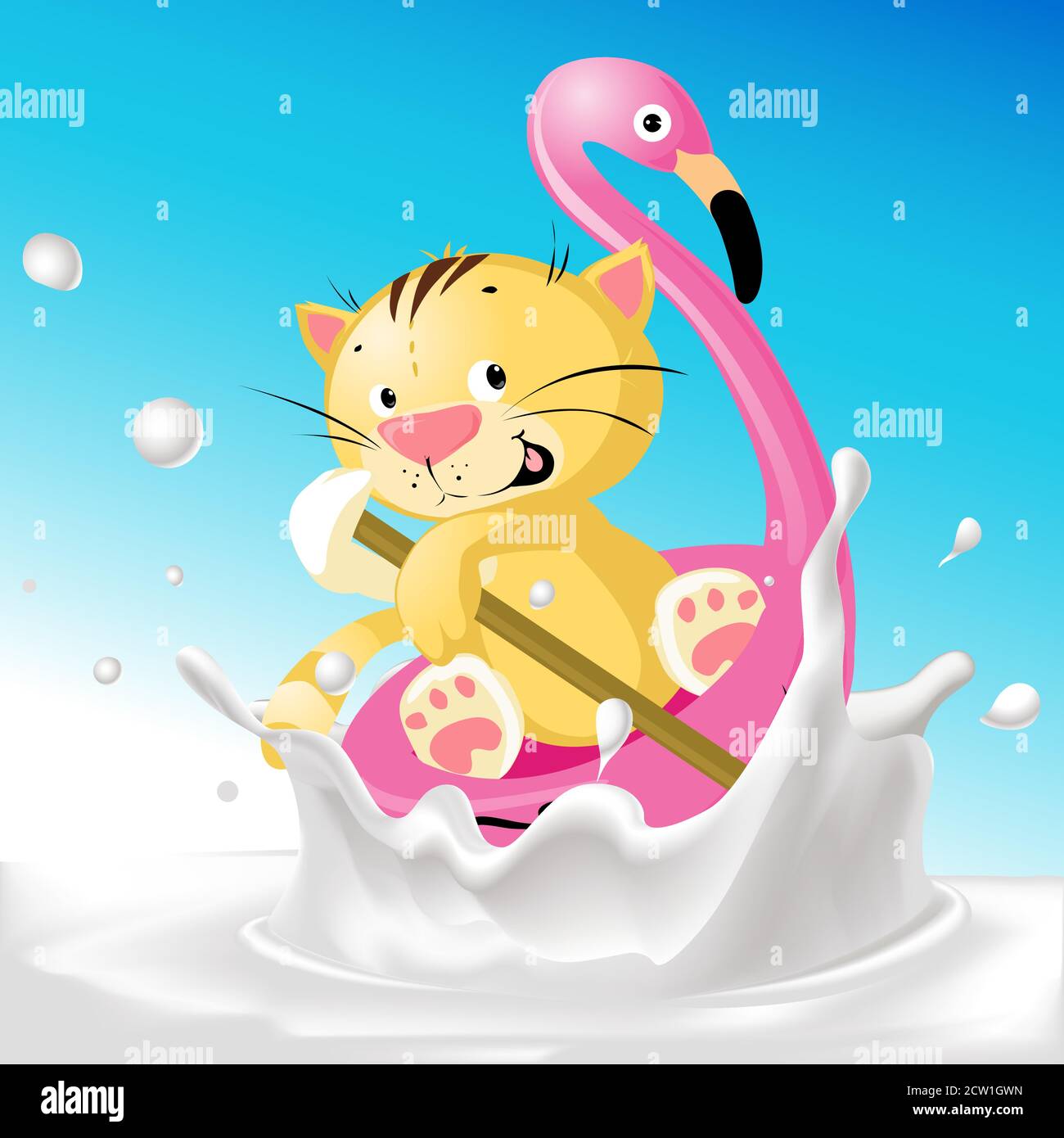 Funny Cat on Flamingo Boat in Milk Splash - Funny Illustrazione vettoriale Illustrazione Vettoriale