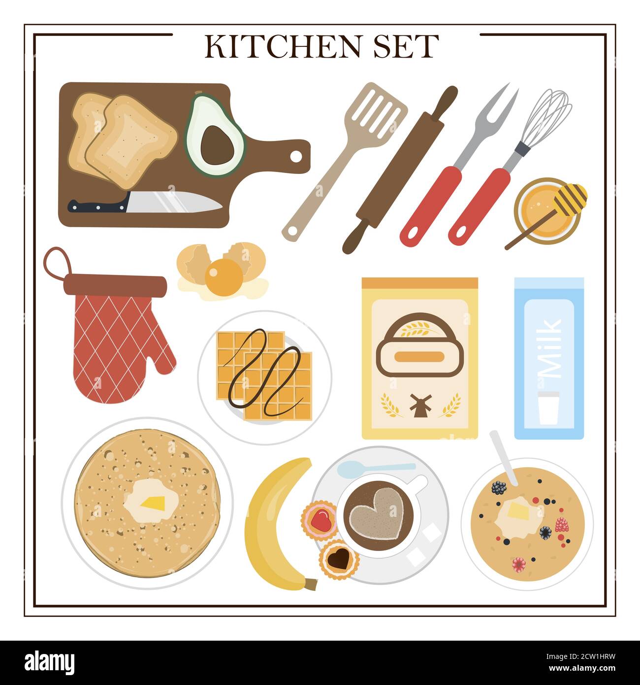 Set di piatti da cucina e per la colazione. Illustrazione vettoriale di un tavolo da pranzo con caffè, torta, biscotti, toast all'avocado, frittelle dolci, waffle, ciambelle e elettrodomestici. Design piatto per un ristorante, menu, sala da pranzo interna o angolo cottura. Tavolo in legno con tovaglia, fiori e servizio. Illustrazione Vettoriale
