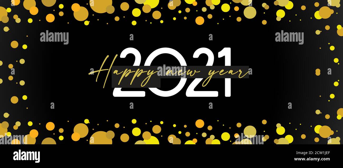 Felice anno nuovo- 2021 . Banner con . Lucenti confetti dorati su nero per il design delle vacanze Illustrazione Vettoriale