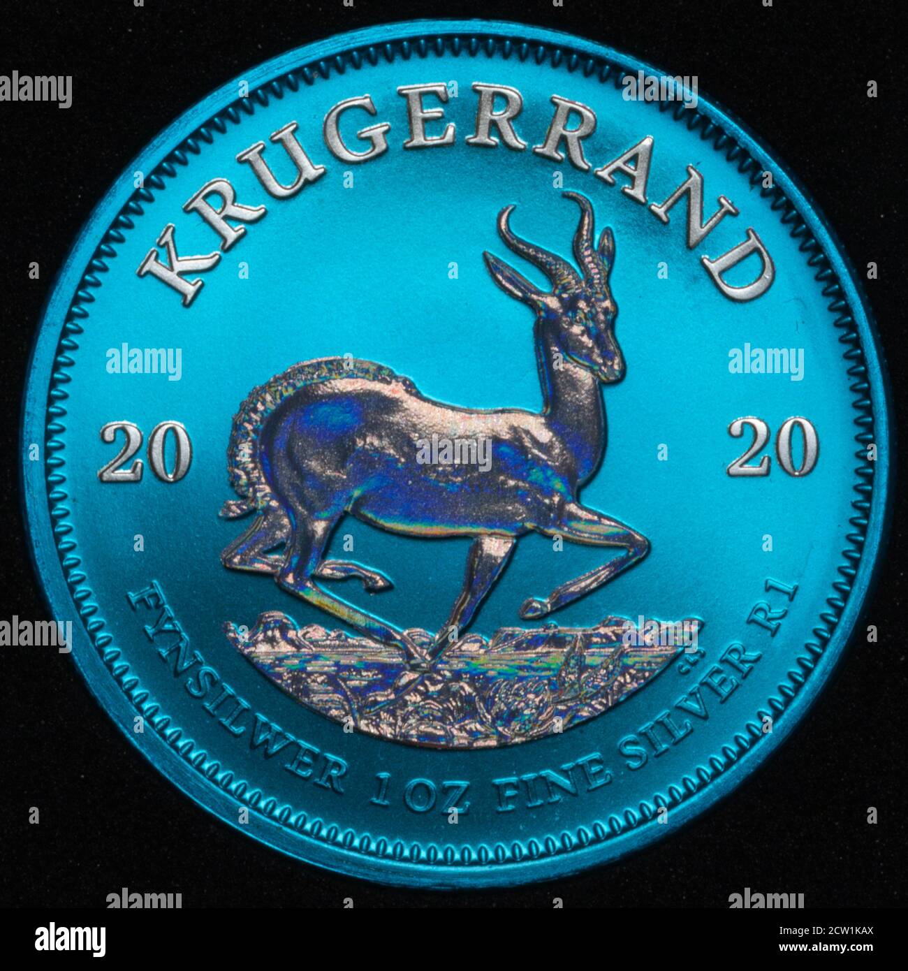 Krugerrand Sud Africa 1 oncia blu argento moneta bulone su Sfondo nero Foto Stock