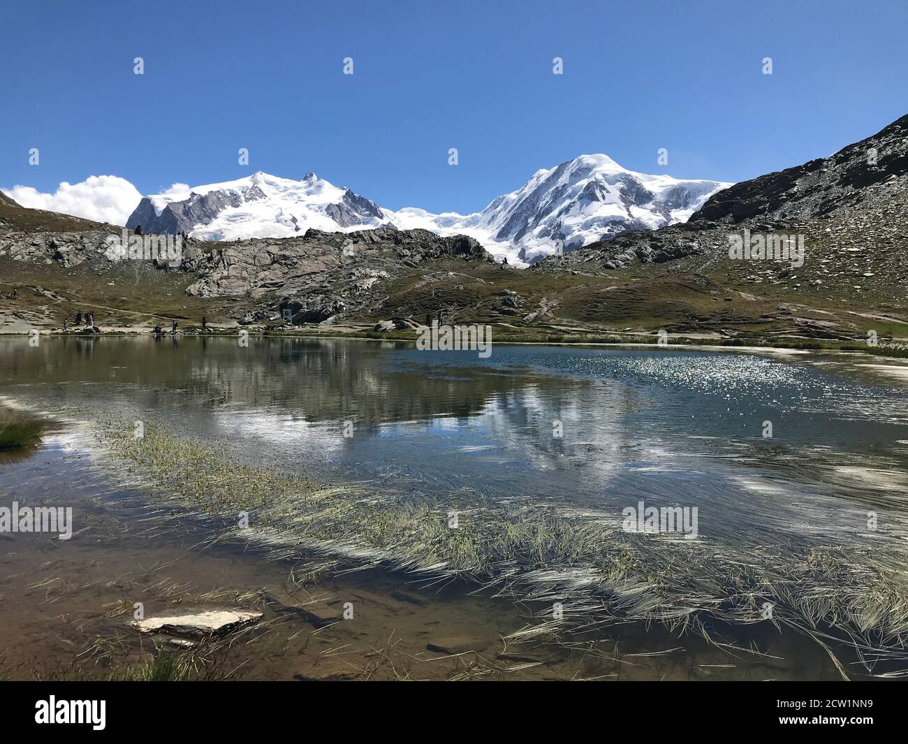 Nordend, Dufourspitze e Lyskamm si specchiano nel Riffelsee, Gornergrat, Svizzera Foto Stock