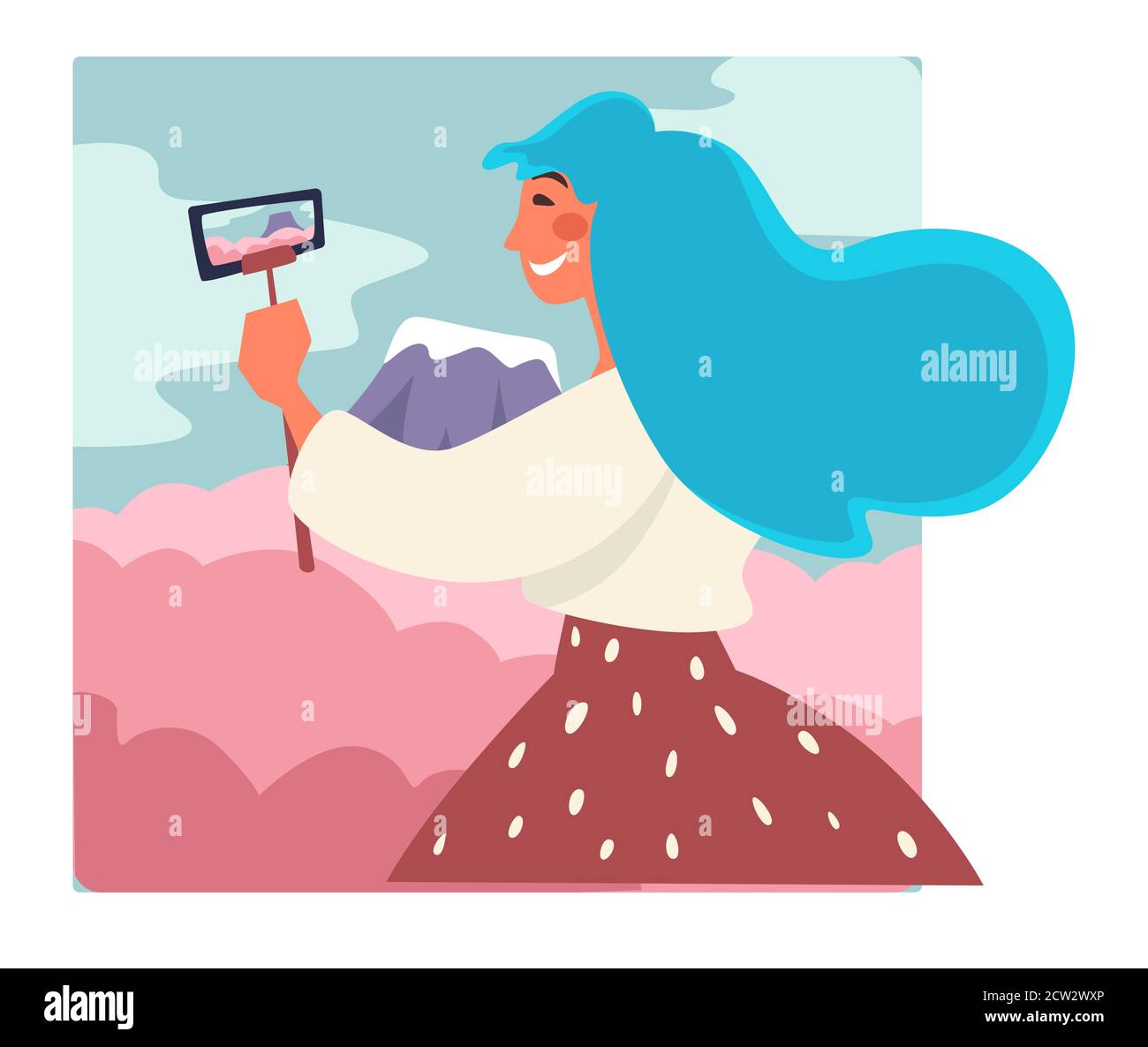 Viaggiatore che prende selfie da Mount, personaggio femminile con telefono Illustrazione Vettoriale