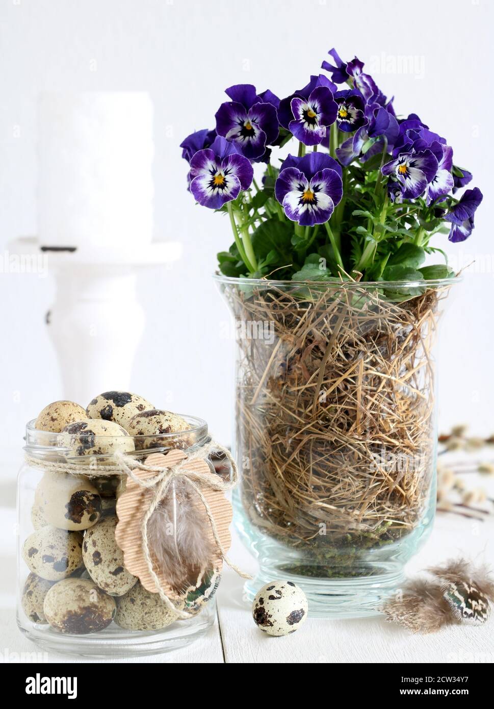 viola viola fiore di viola in vaso di vetro e uova di quaglia come decorazione di pasqua Foto Stock