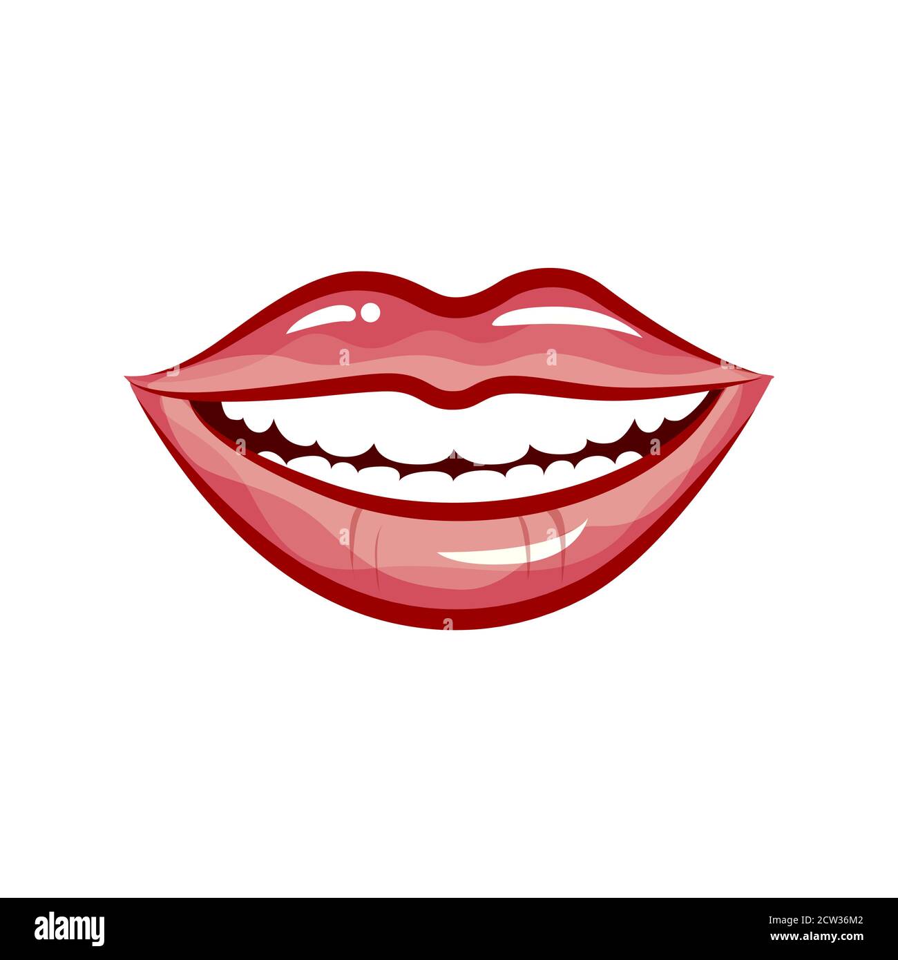 Donna sorriso isolato su sfondo bianco. Vector bella bocca cartone animato sorridente per logo clinica dentale, sensualità moda labbra lucide. Illustrazione Illustrazione Vettoriale