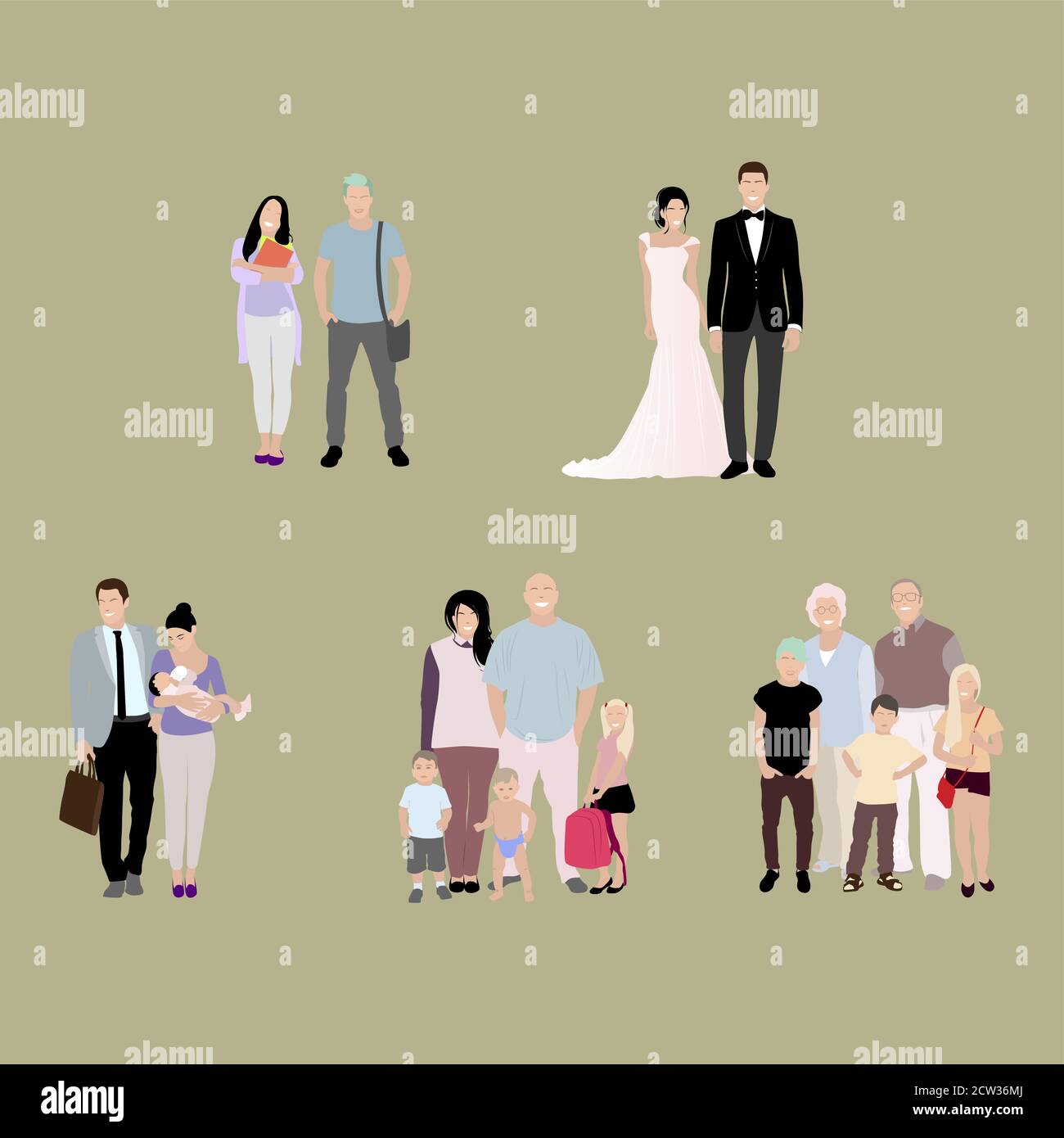Famiglia di evoluzione dalla datazione per apparire nipoti. Generazione vettoriale vita umana, personaggio cartone animato bambino, bambino, genitori. Immagine della fase di invecchiamento Illustrazione Vettoriale