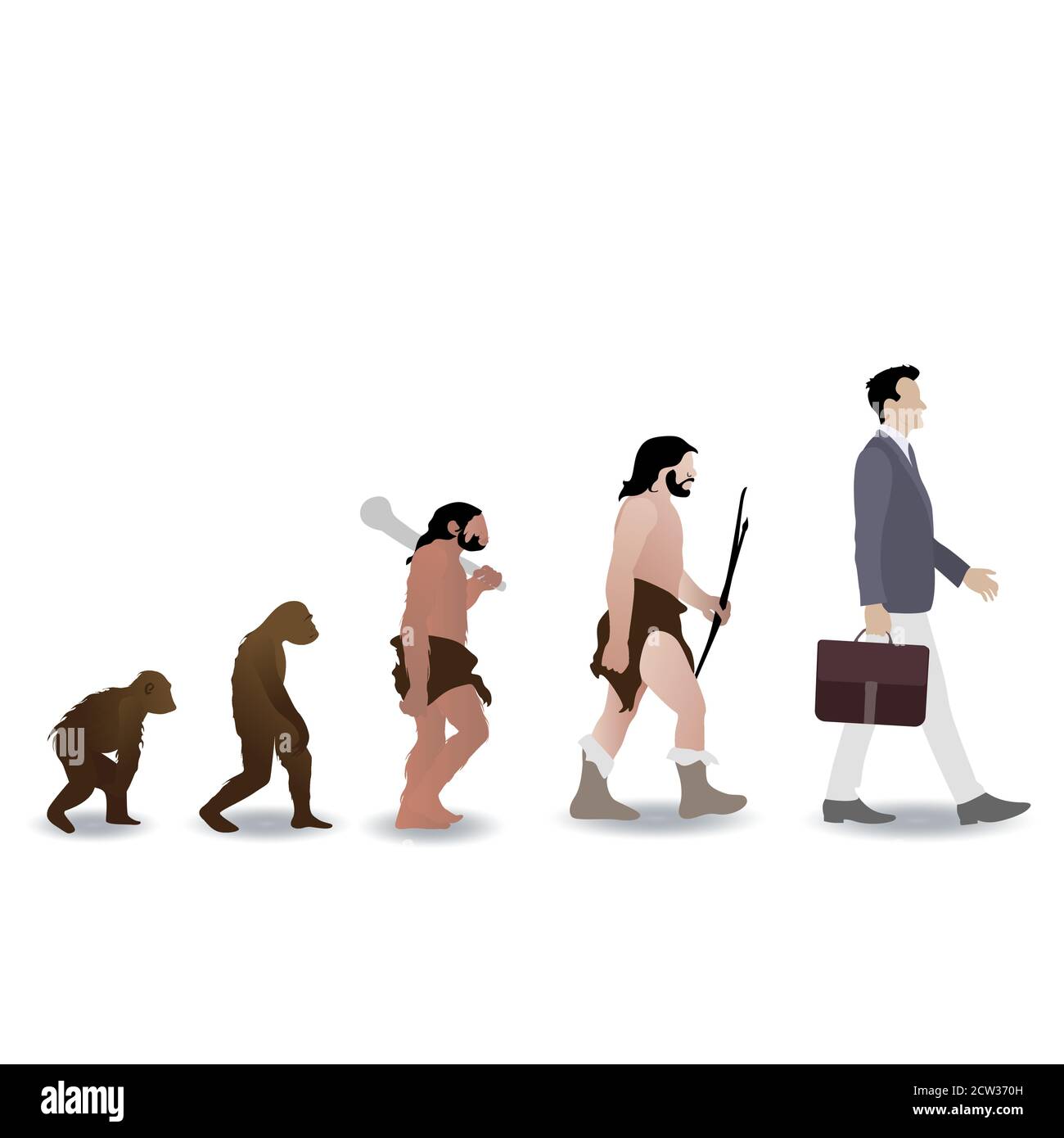 Evoluzione umana da ape a uomo d'affari. Scimmia vettoriale e scimmia preistorica, caveman crescere a uomo d'affari, illustrazione della storia dell'evoluzione umana, australe Illustrazione Vettoriale